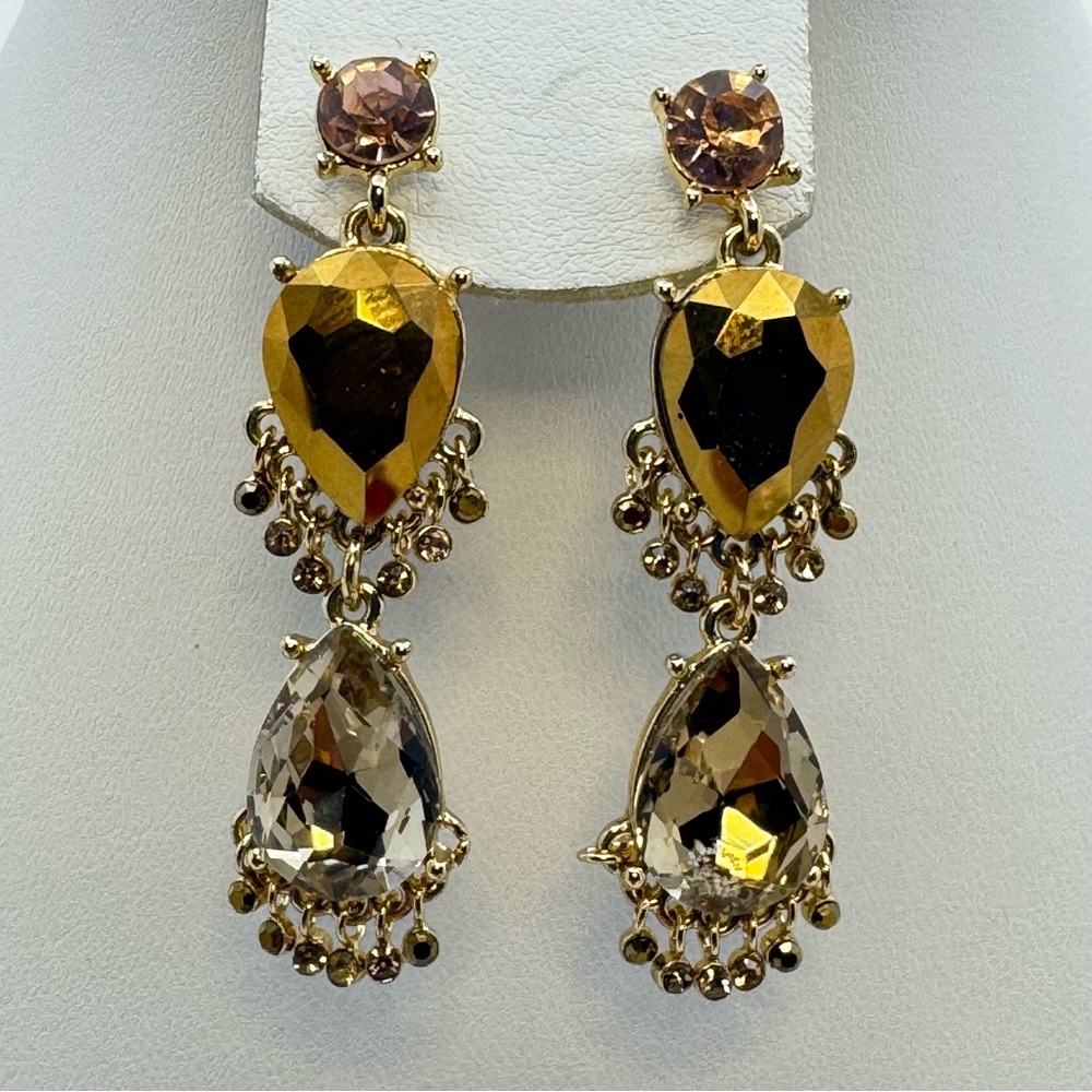 Gold Tone Glass Chandelier Statement Earrings Champagne Glam Formal Evening
